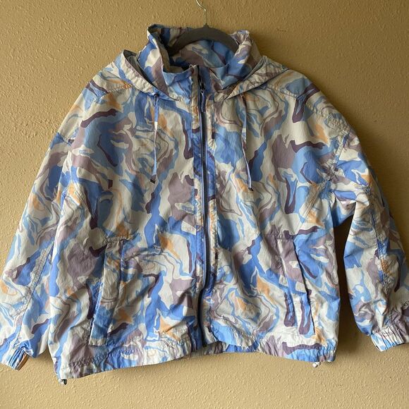 Eddie Bauer Jacket Womens PXL Windpac Peak Blue Marble‎ Shell Hooded Waist pack - Picture 4 of 13